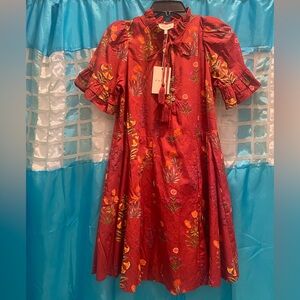 entro Red Floral Tie-Neck Puff Sleeve Dress